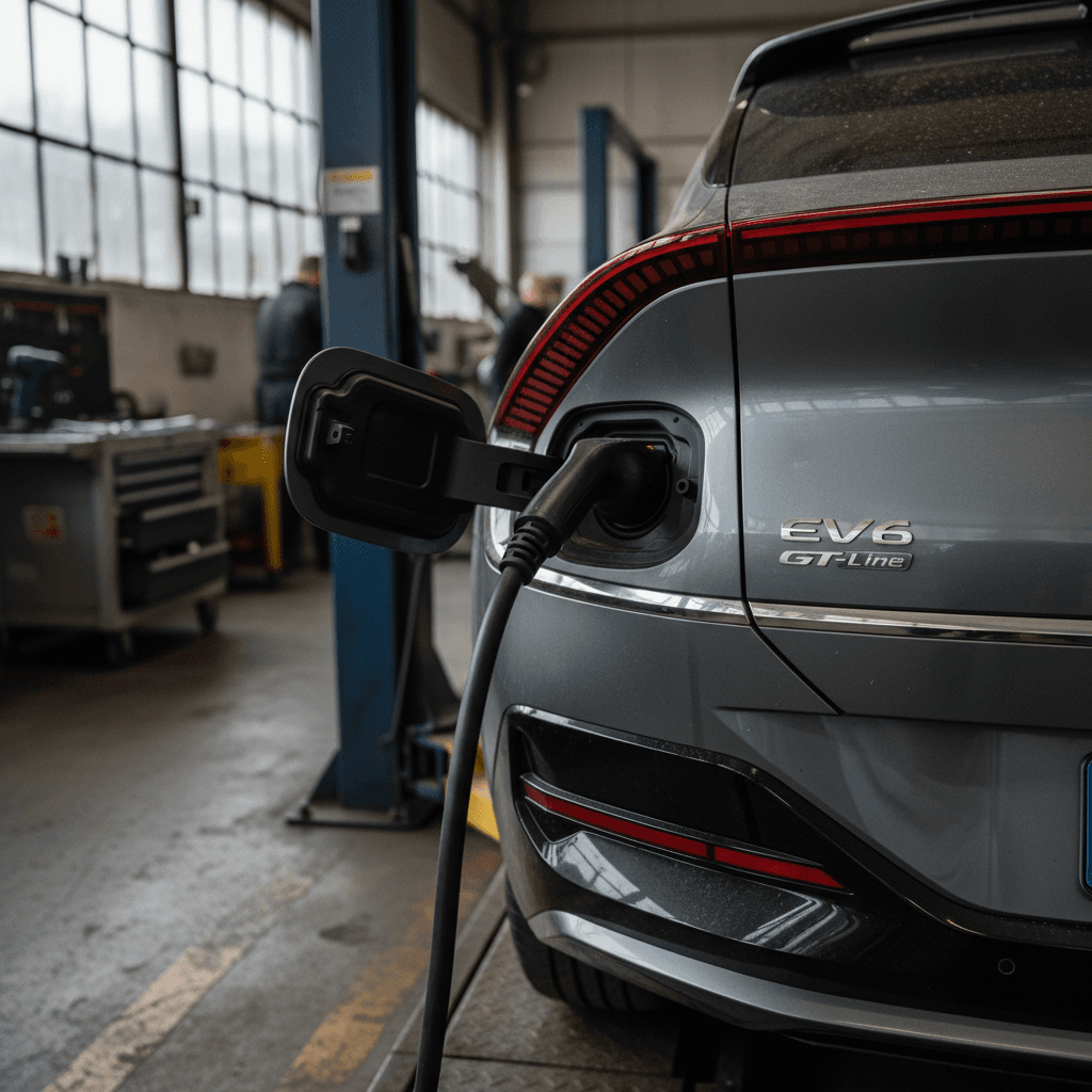 Kia EV6 plugged in at a service bay with technician checking diagnostics