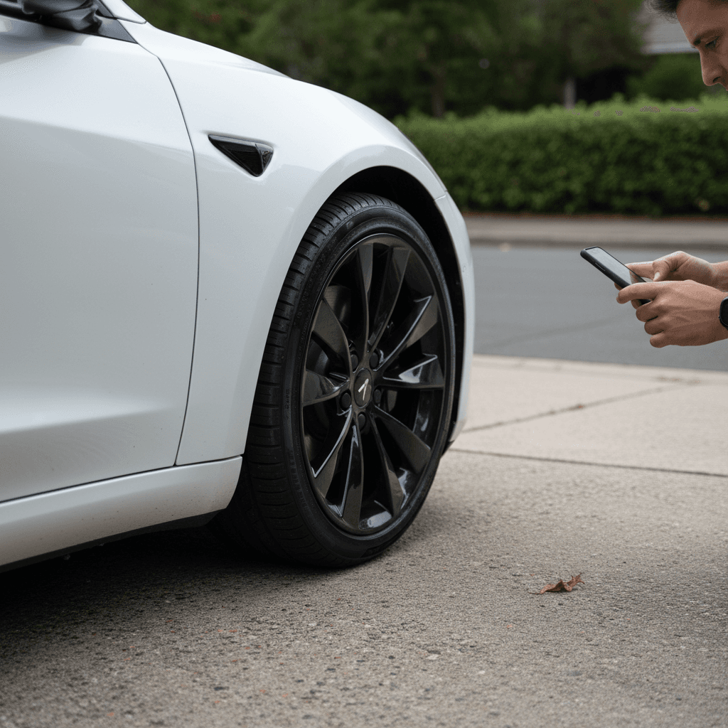 Seller taking listing photos of a clean white Tesla Model 3 in a driveway before posting it for sale