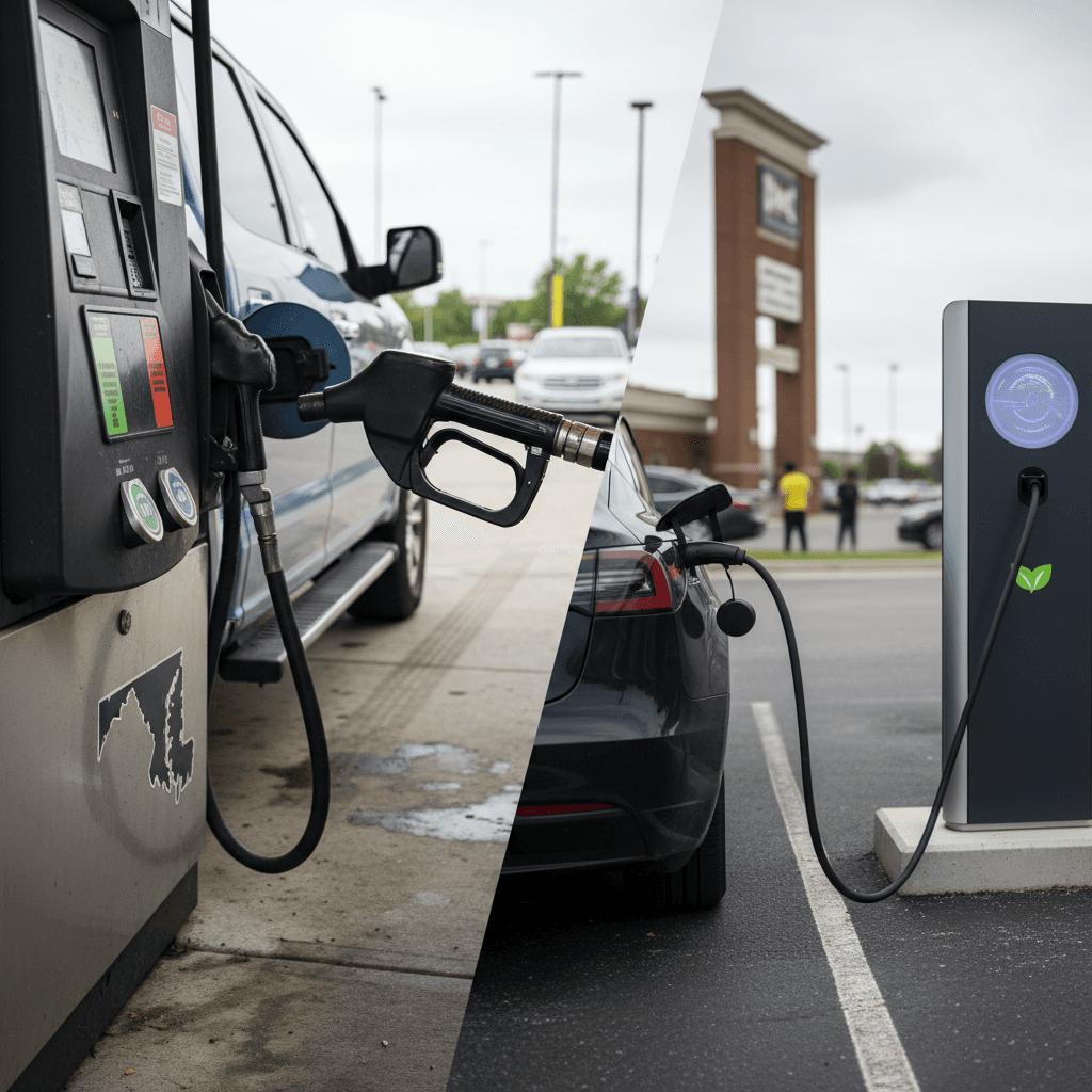 Split image of a gas pump price display and an EV charging at a station in Maryland in 2026