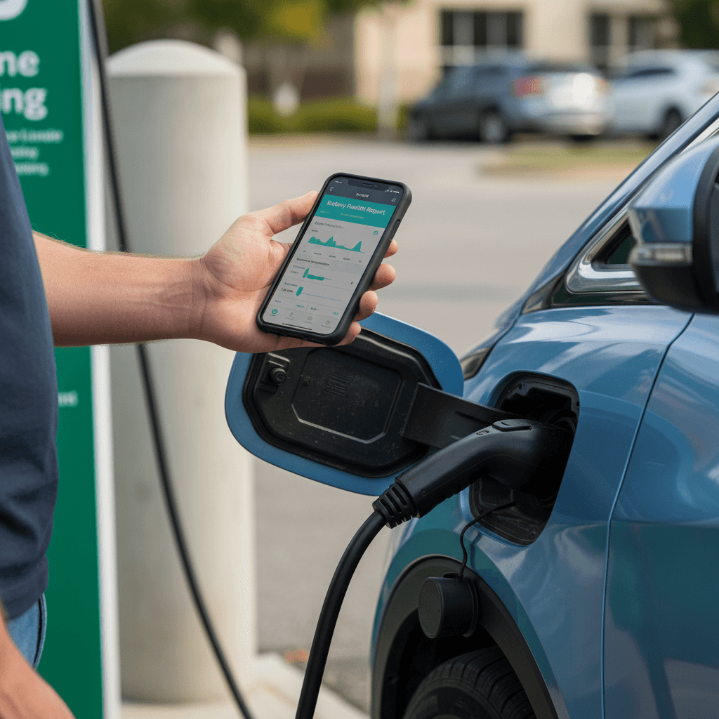Driver using a smartphone battery health report next to a charging Chevrolet Bolt EV in New York