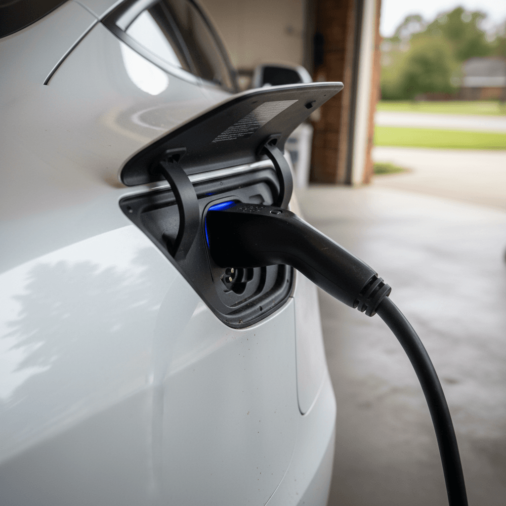 Tesla Model 3 plugged into a home charger, showing charging status and range on the display