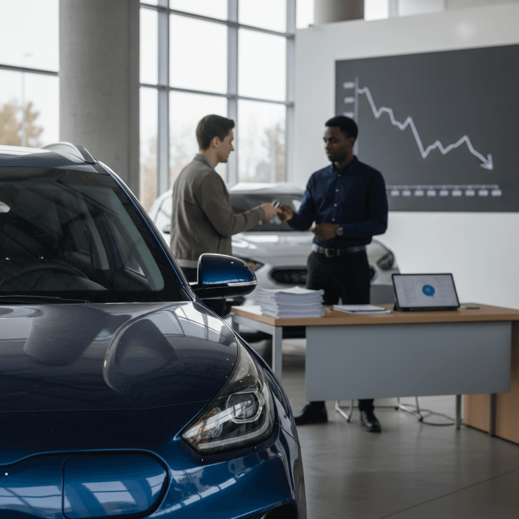 Seller handing keys of a Kia Niro EV to a buyer at a modern EV-focused showroom