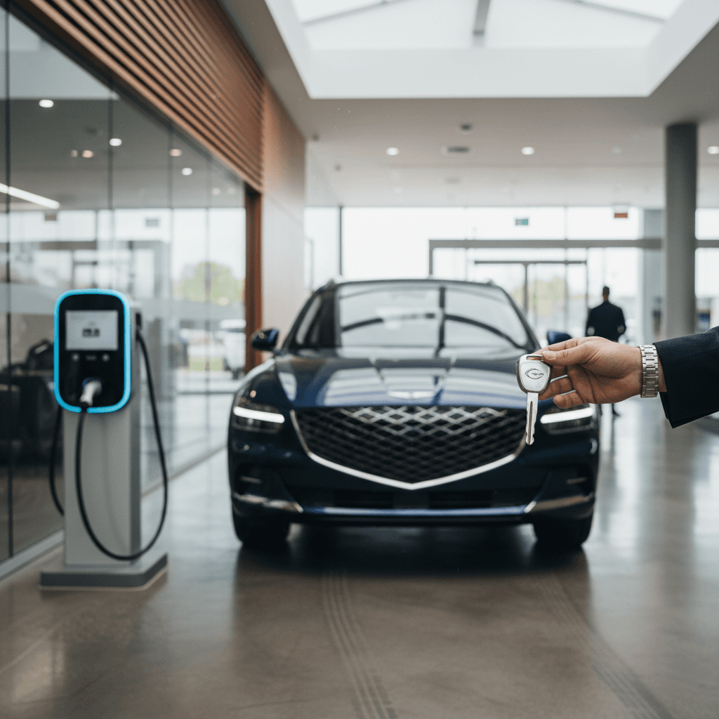 Seller and EV specialist reviewing a Genesis GV60 battery health report at a modern showroom