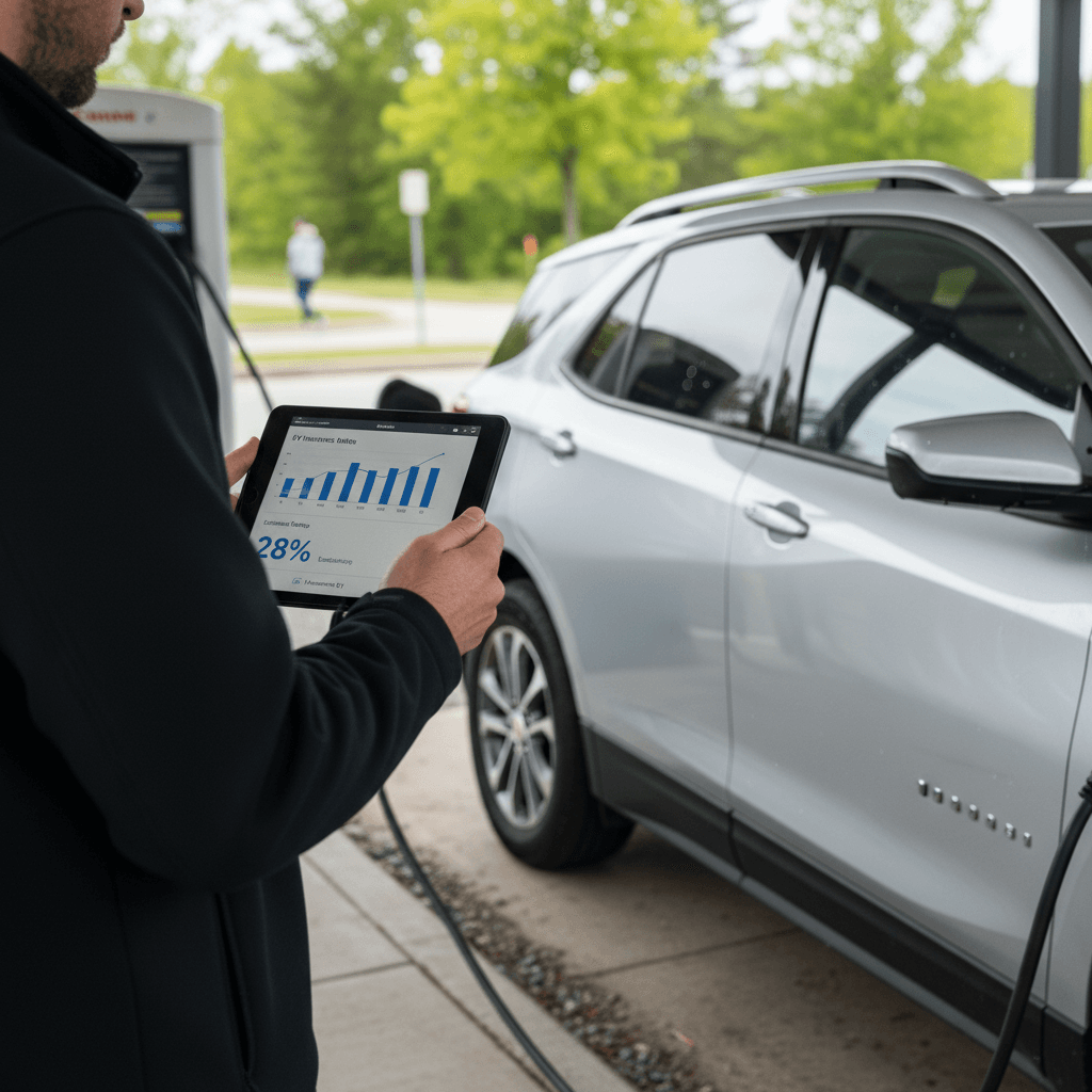 Driver comparing Chevrolet Equinox EV insurance quotes on a tablet while parked in a driveway