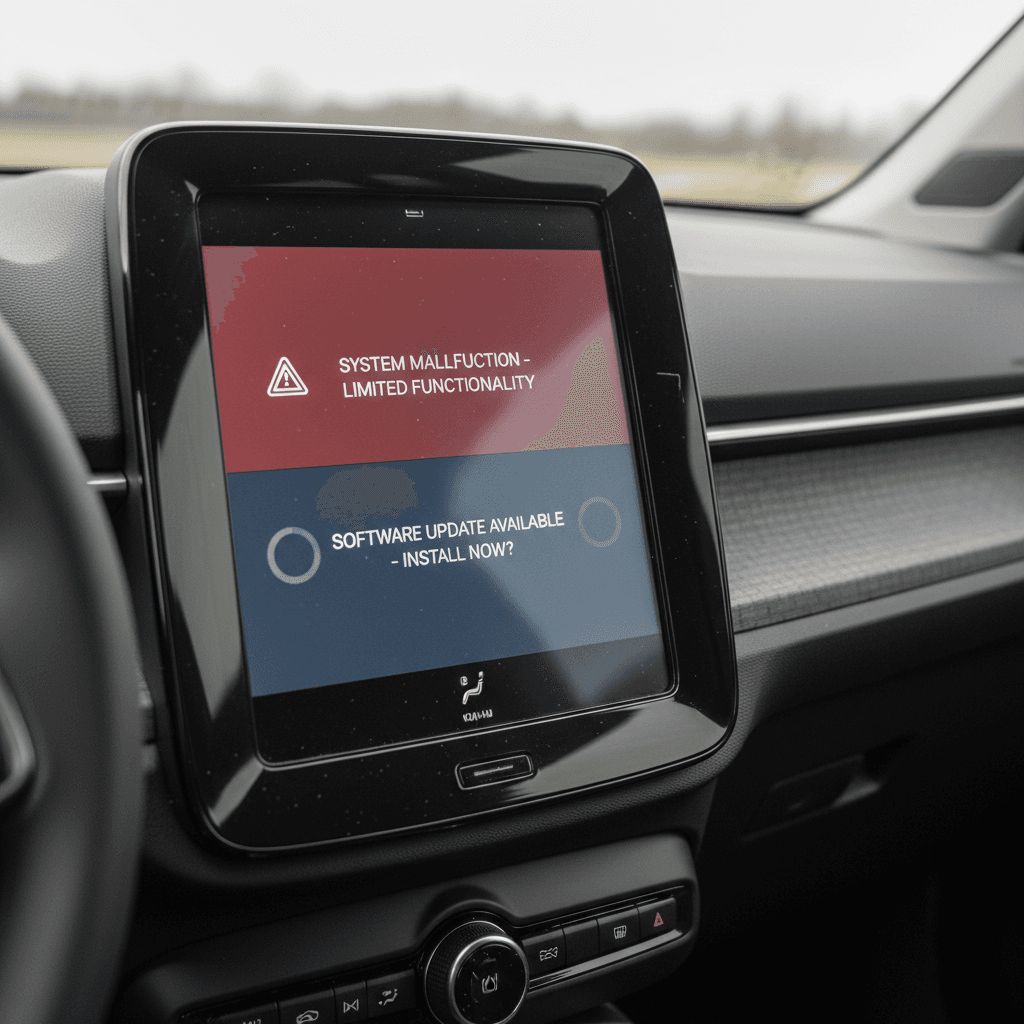 2025 Volvo EX30 center touchscreen showing warning message and software update notification