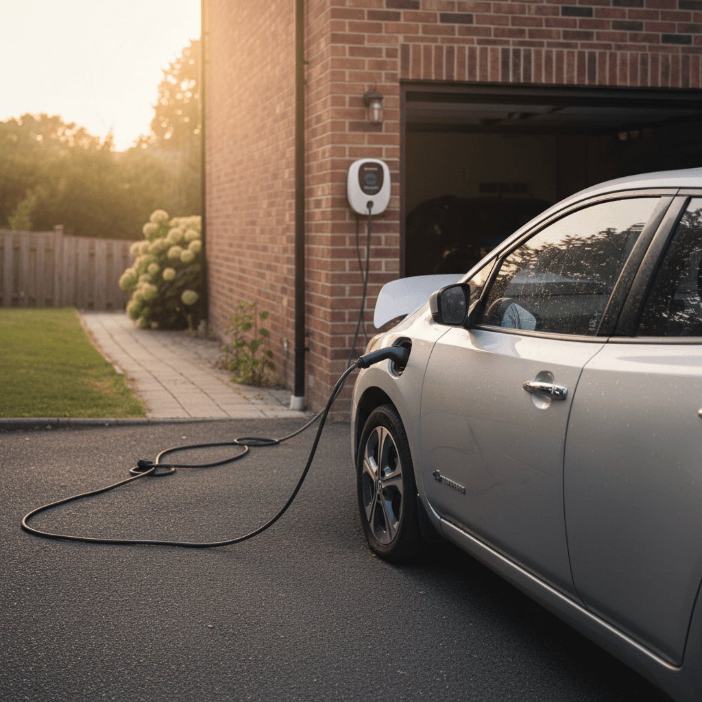 Small inexpensive compact car driving through a city street at sunset
