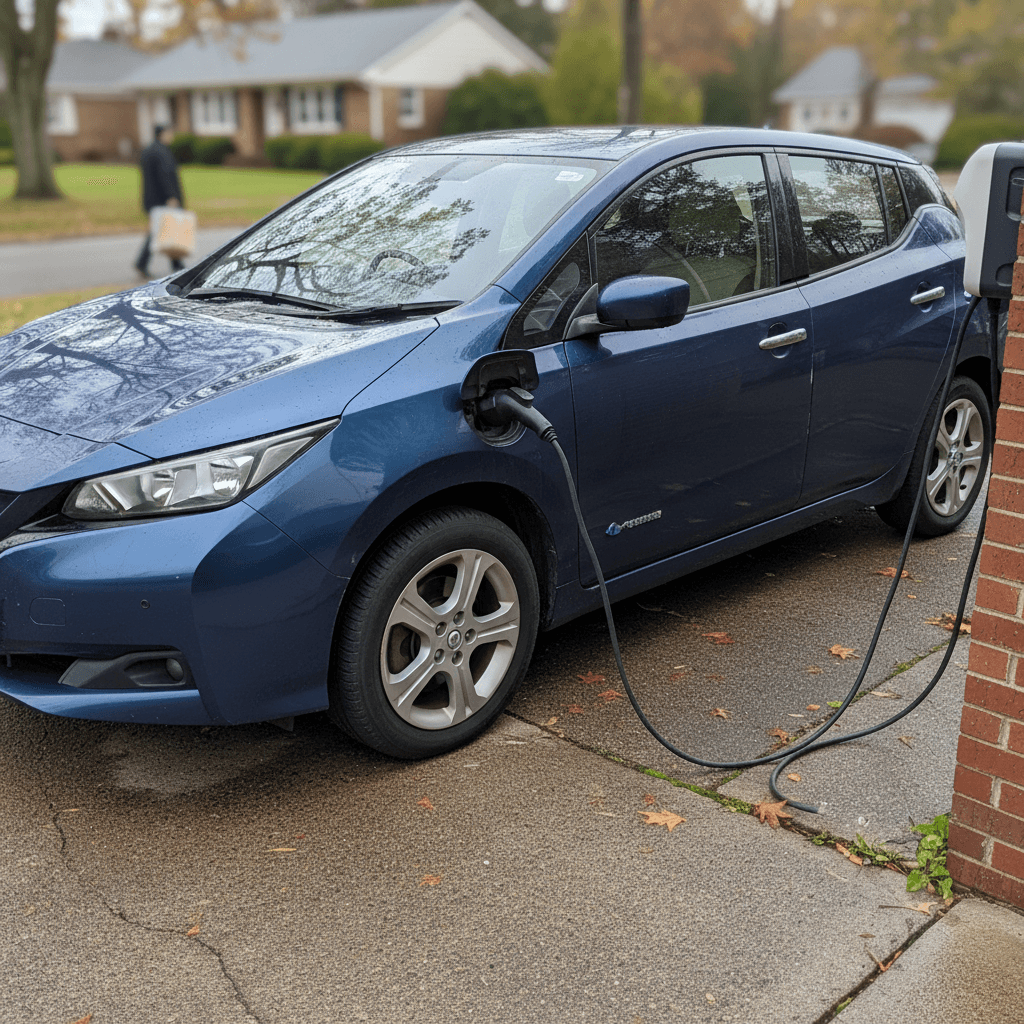 Used electric hatchback plugged into a home charger in a suburban driveway