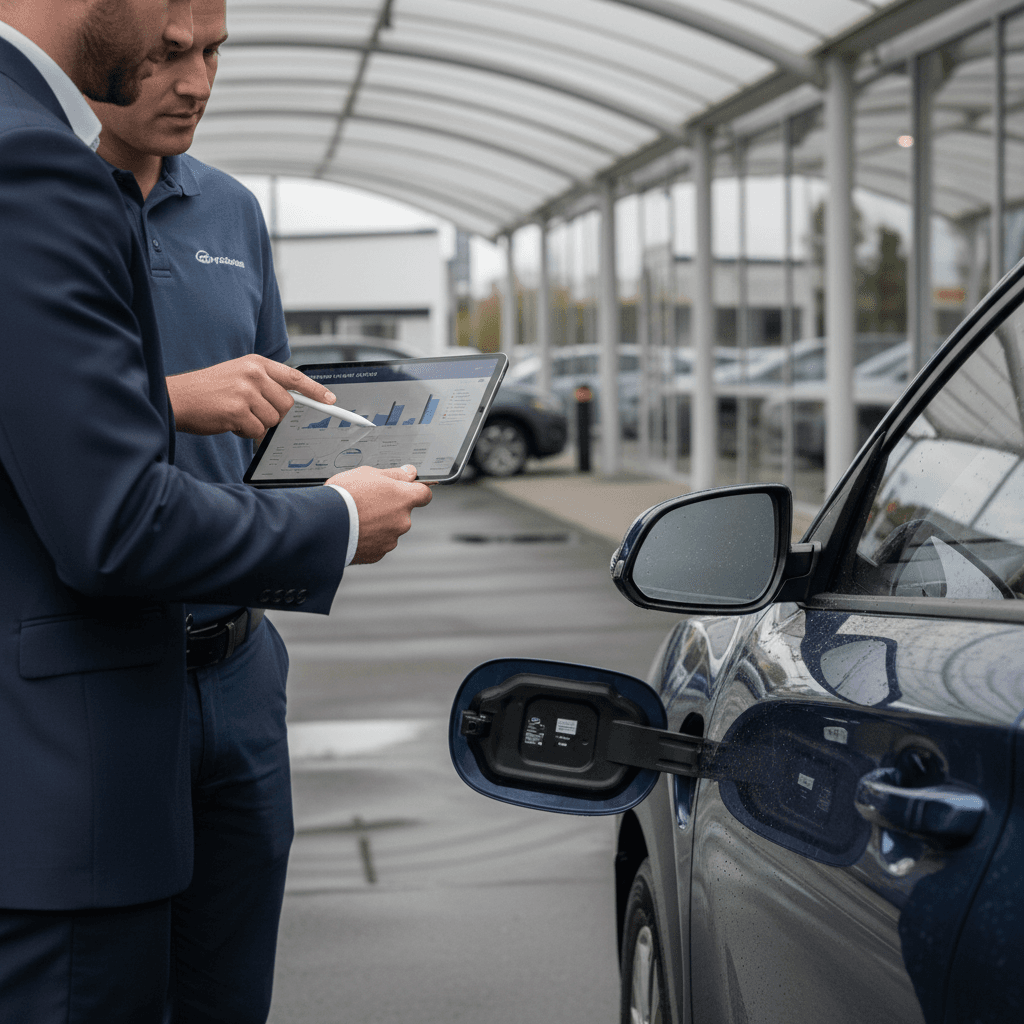 Owner reviewing a battery health and value report for a 2020 Hyundai Kona Electric while discussing trade‑in options with an EV specialist.