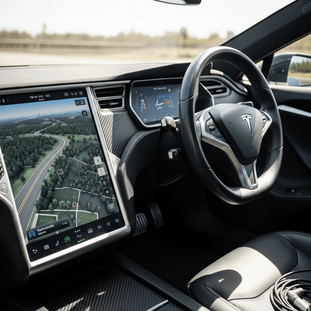Cabin view of a 2020 Tesla Model S showing the central touchscreen and steering wheel