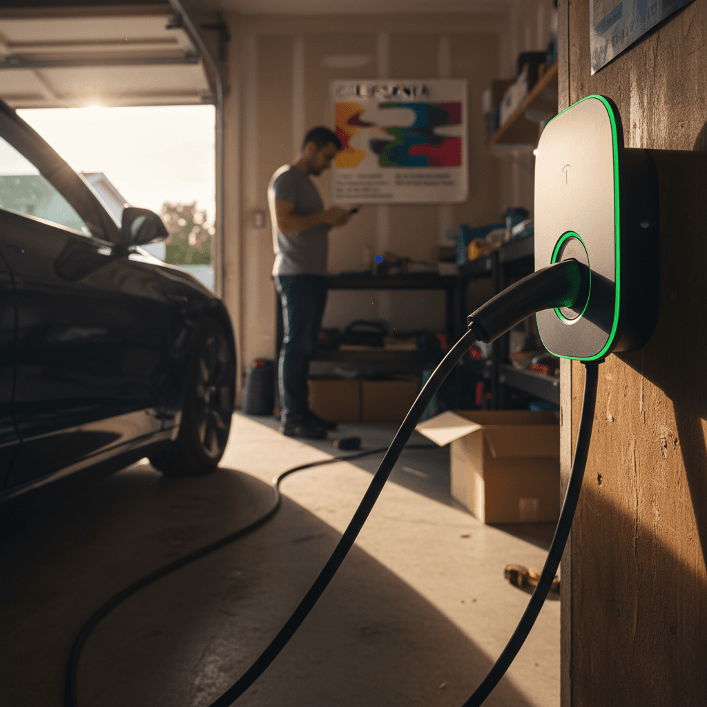 EV owner in California charging an electric car from a wallbox charger in a suburban home garage