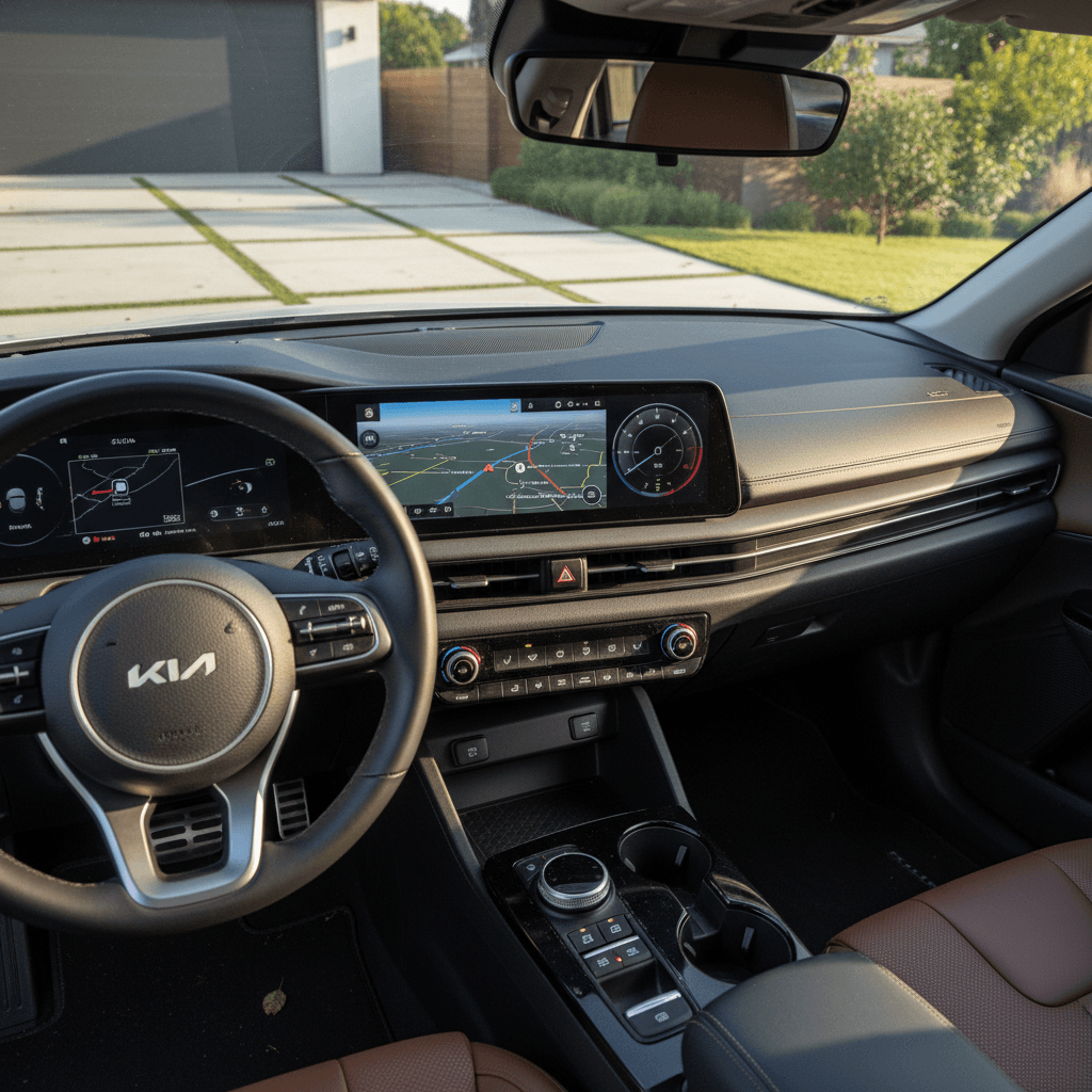 Cockpit of a 2023 Kia EV6 showing dual 12.3-inch screens, steering wheel, and minimalist center console