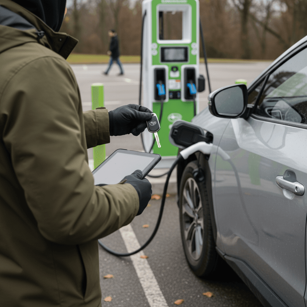 Subaru Solterra owner completing a used EV inspection with buyer near a charging station