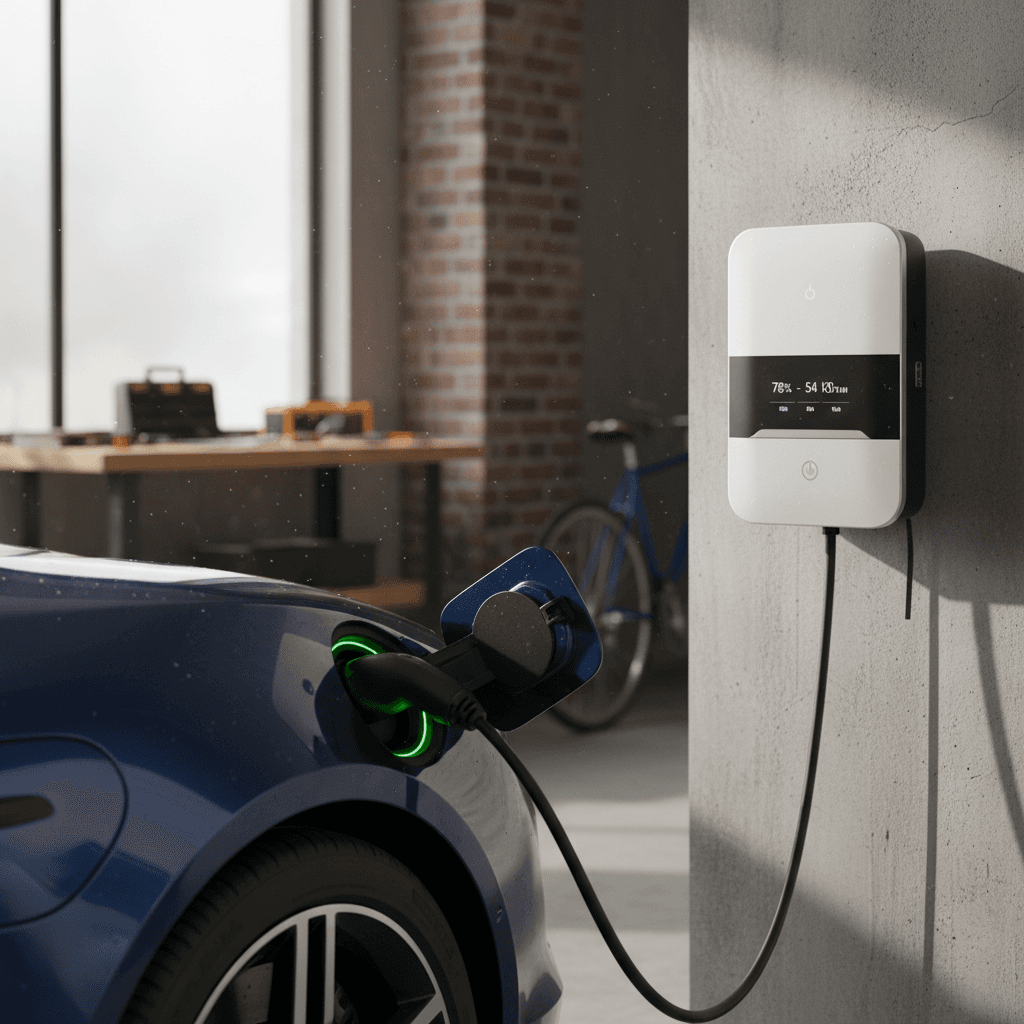 Close-up view of a Porsche Taycan plugged into a home wallbox charger inside a modern garage, illustrating gentle AC charging for battery life.