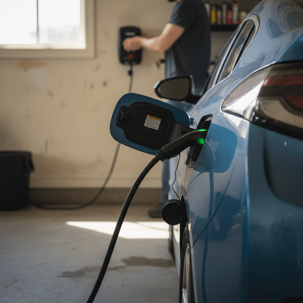 Chevrolet Volt plugged into a home Level 2 charger in a garage
