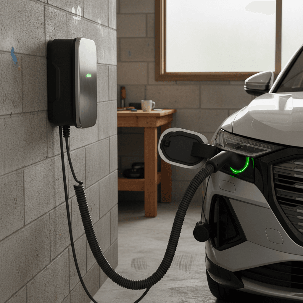 Wall mounted Level 2 EV home charger plugged into an Audi Q4 e-tron in a residential garage