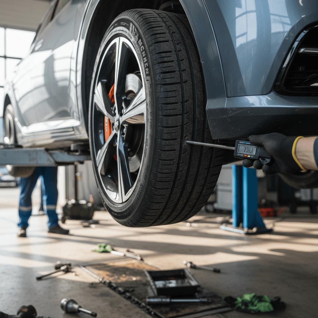 Technician inspecting the brakes and suspension of a Kia EV6 on a lift in a service bay