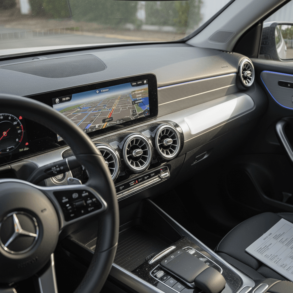 Mercedes EQB interior with dual screens showing navigation and charging information