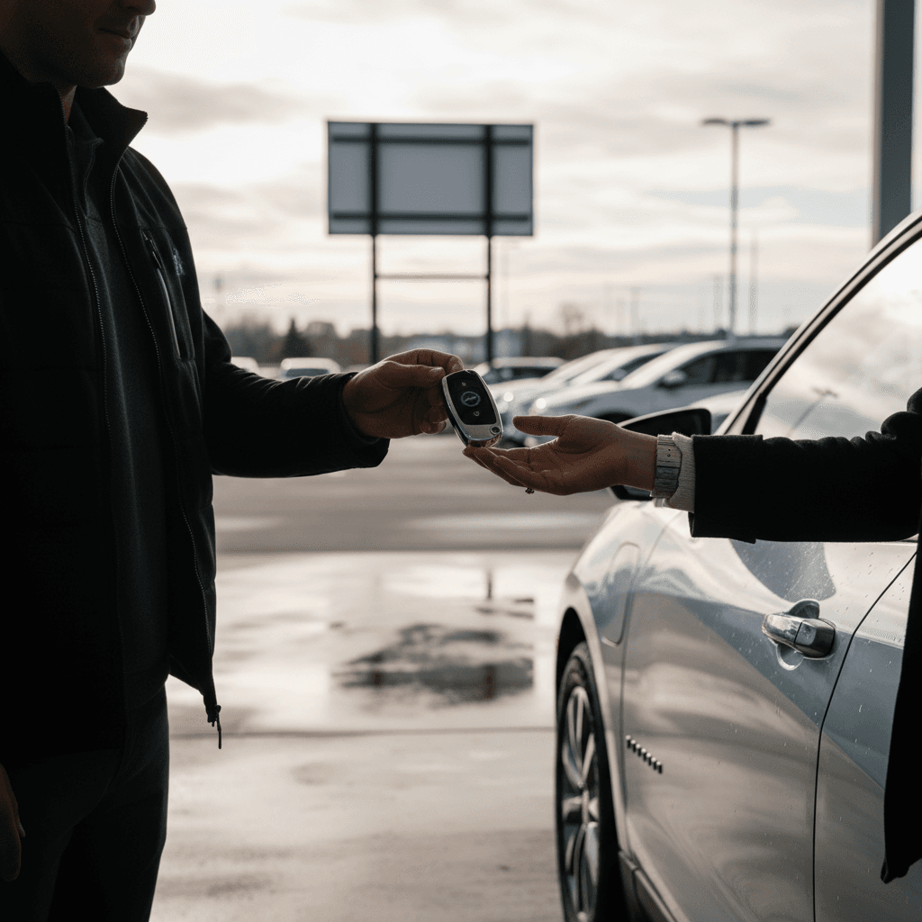 Seller reviewing battery health and range data for a 2024 Chevrolet Equinox EV with a buyer before completing the sale