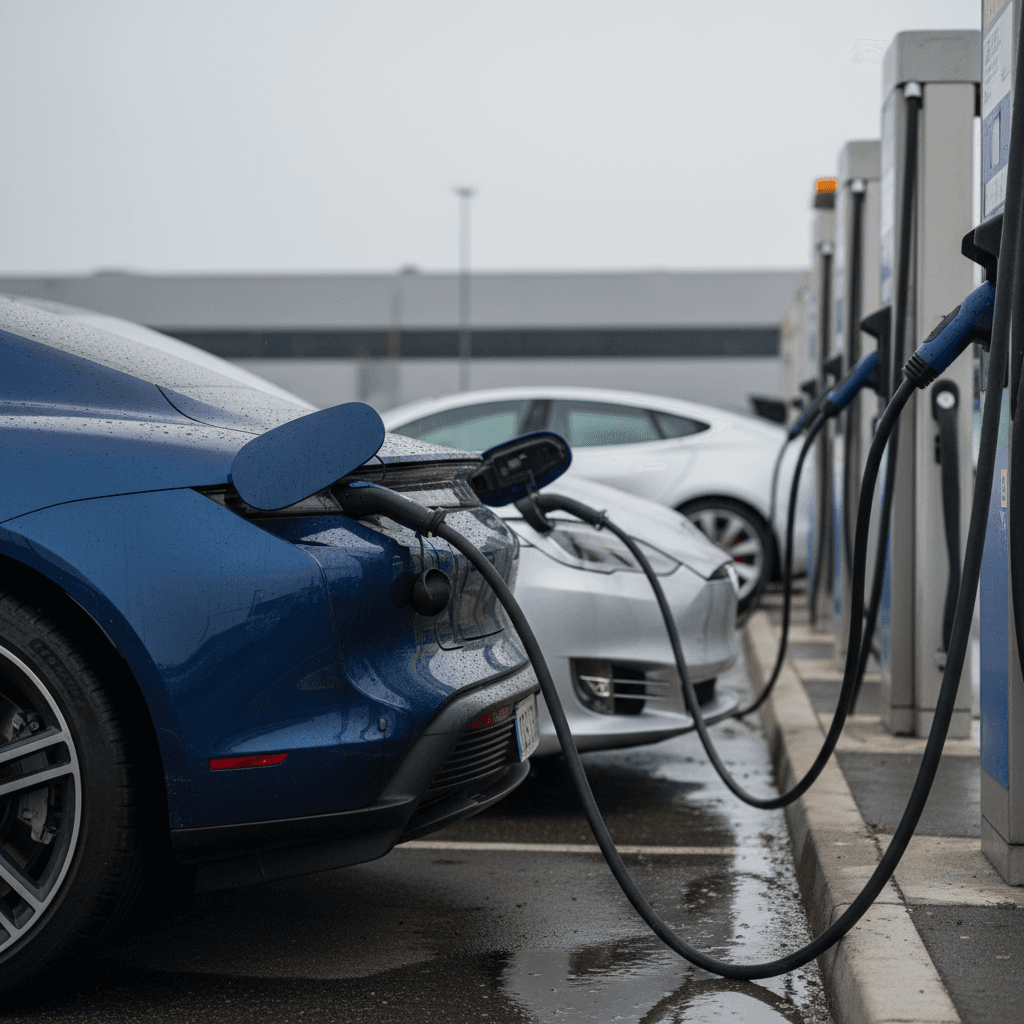 Porsche Taycan and Tesla Model S plugged into neighboring fast chargers, illustrating different charging connectors and styles