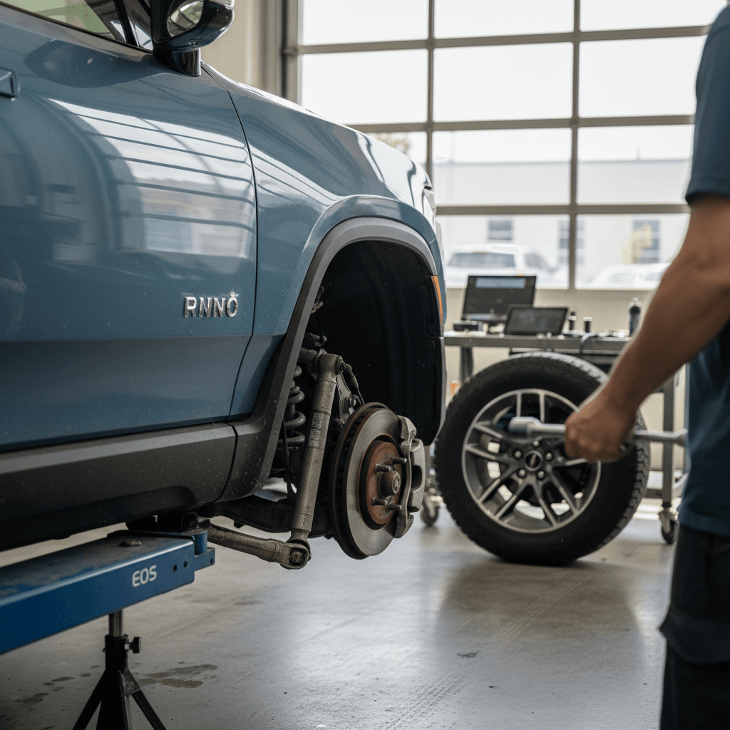 Technician inspecting the suspension and front wheel area of a Rivian R1T on a lift