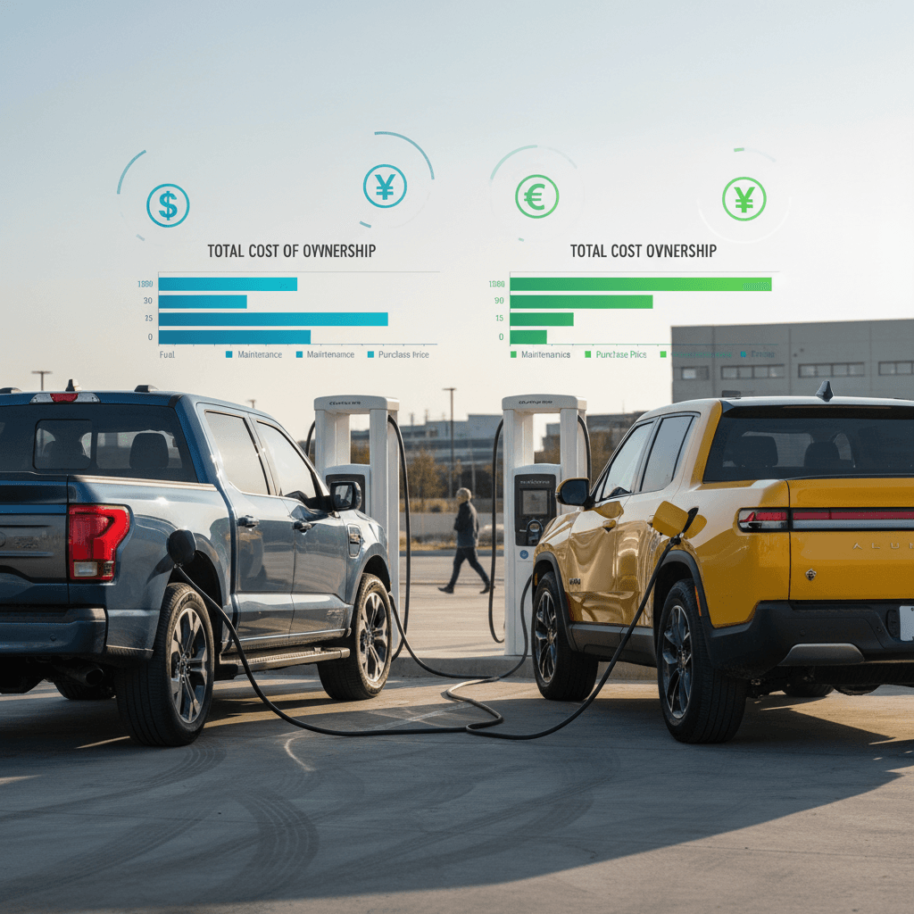 Ford F-150 Lightning and Rivian R1T parked side by side with icons representing fuel, maintenance, and insurance costs