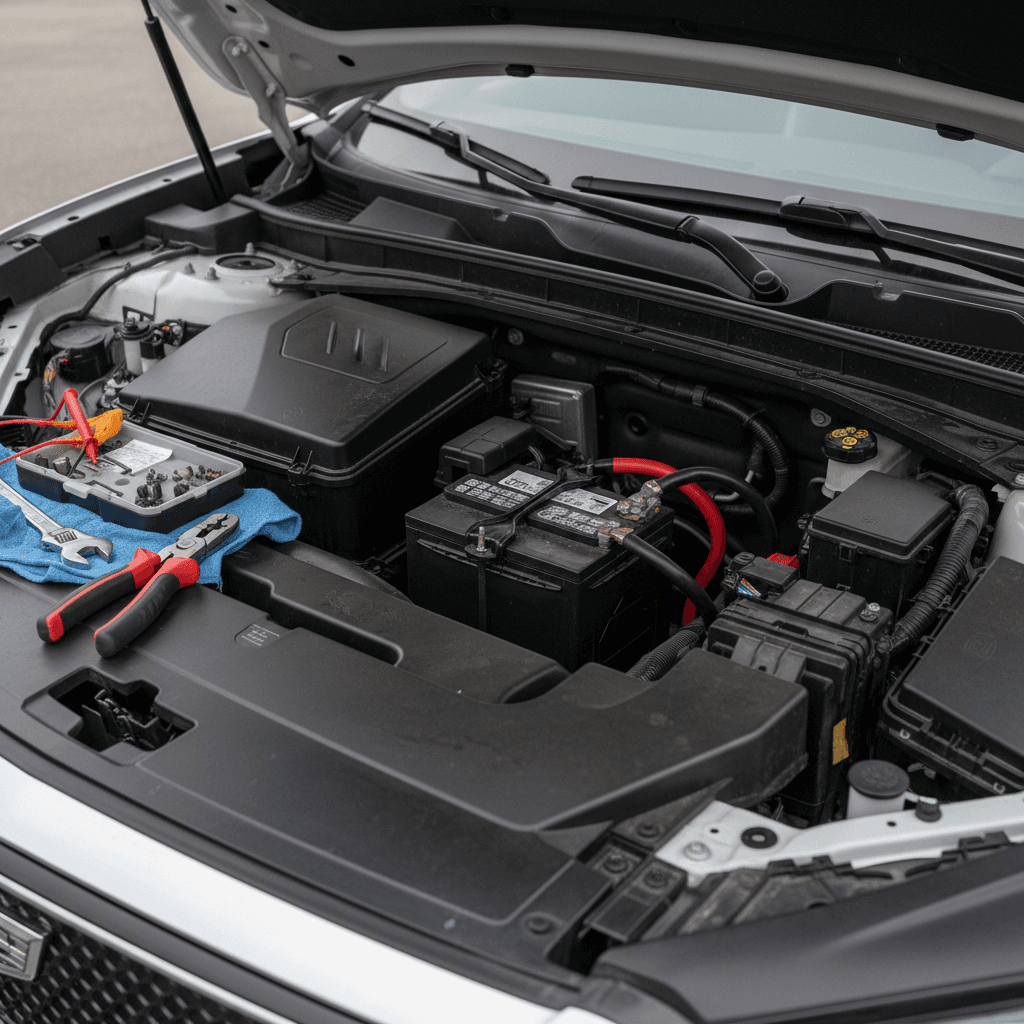 Cadillac Lyriq 12V battery compartment with plastic trim removed to expose the battery and wiring