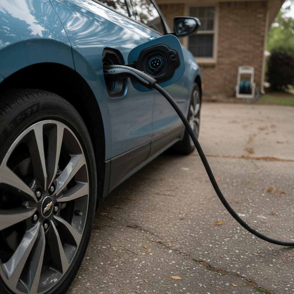 Close-up of a Chevrolet Equinox EV charging port connected to a home charger in a driveway
