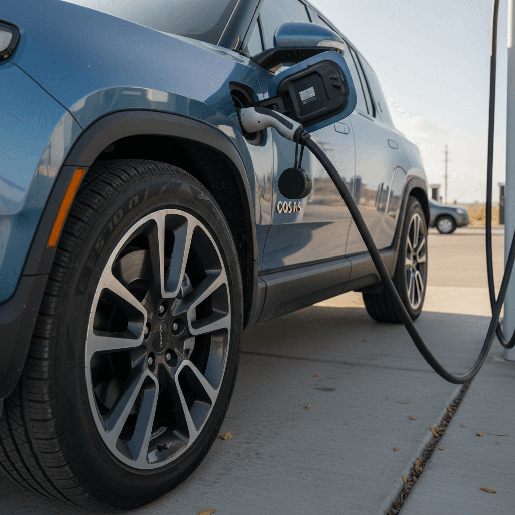 2023 Rivian R1S plugged into a DC fast charger showing charging status on screen