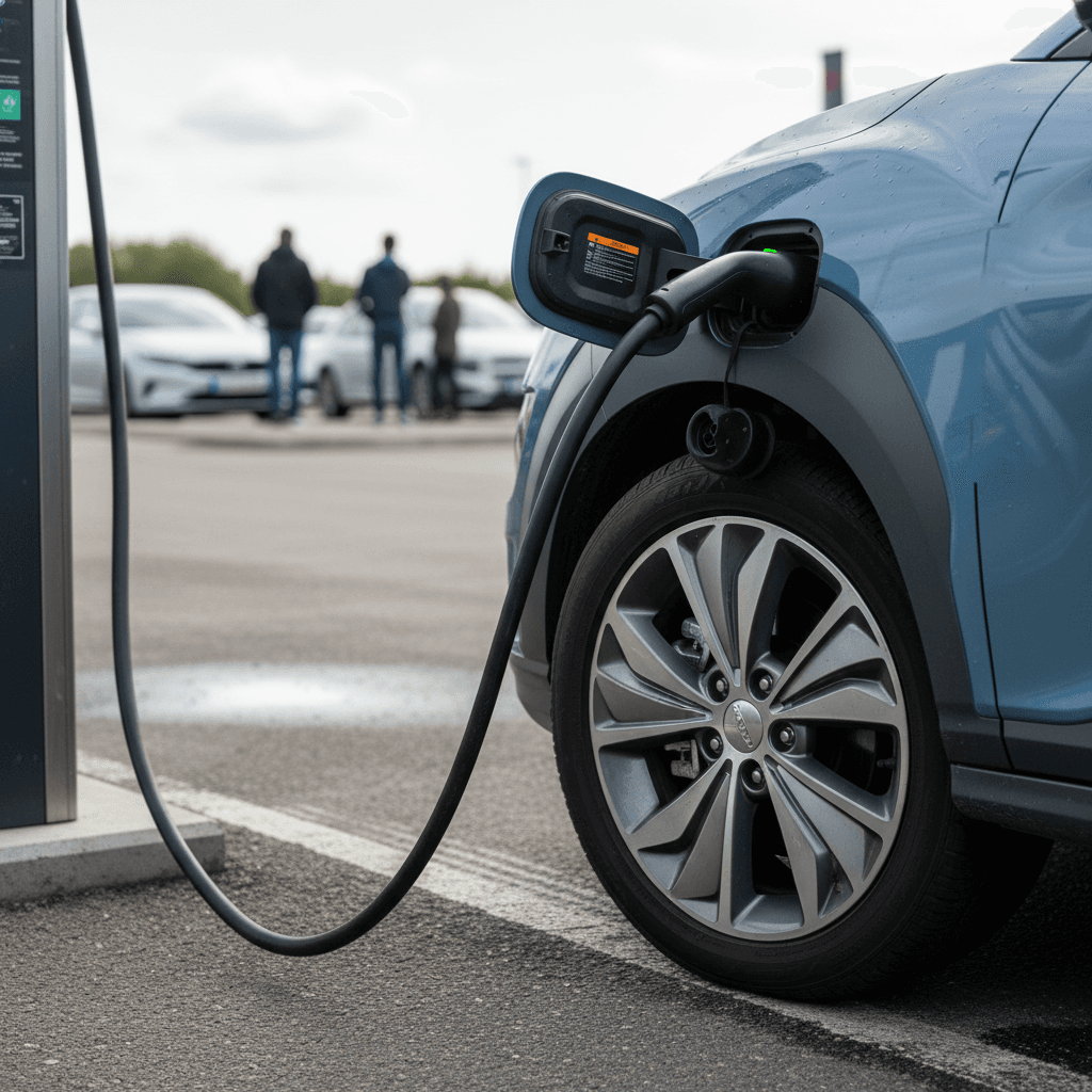 Close-up of a 2023 Hyundai Kona Electric plugged into a public Level 2 charging station