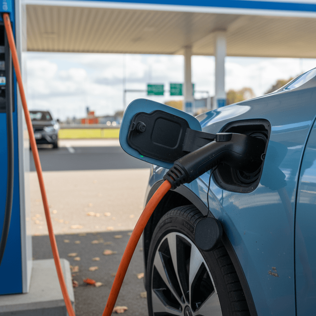 2021 Polestar 2 charging at a DC fast charger in a highway rest stop