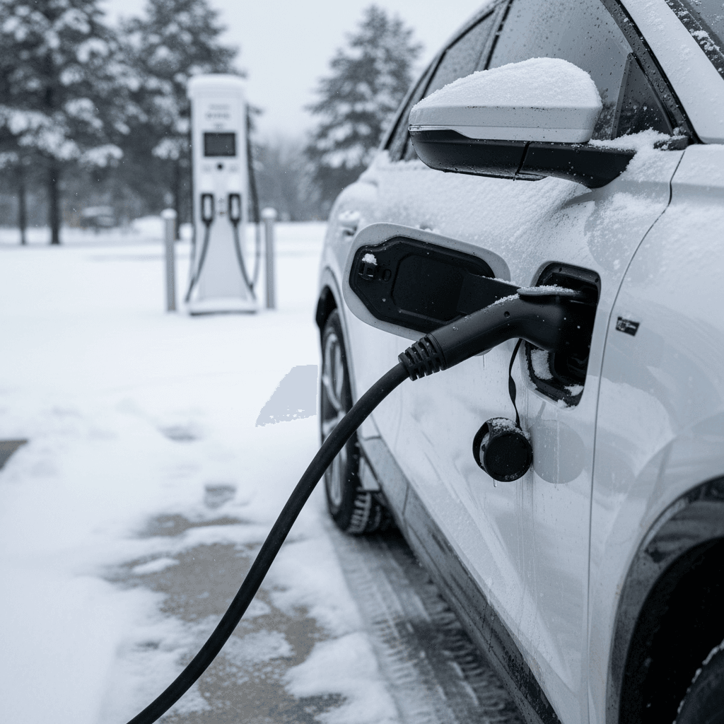 Audi Q4 e-tron plugged into a public fast charger at a snowy charging station