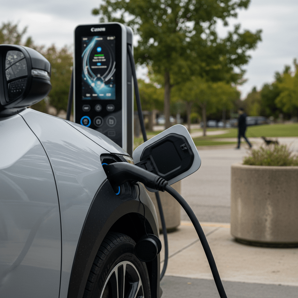 Toyota bZ4X charging at a DC fast charger with estimated range shown on the screen