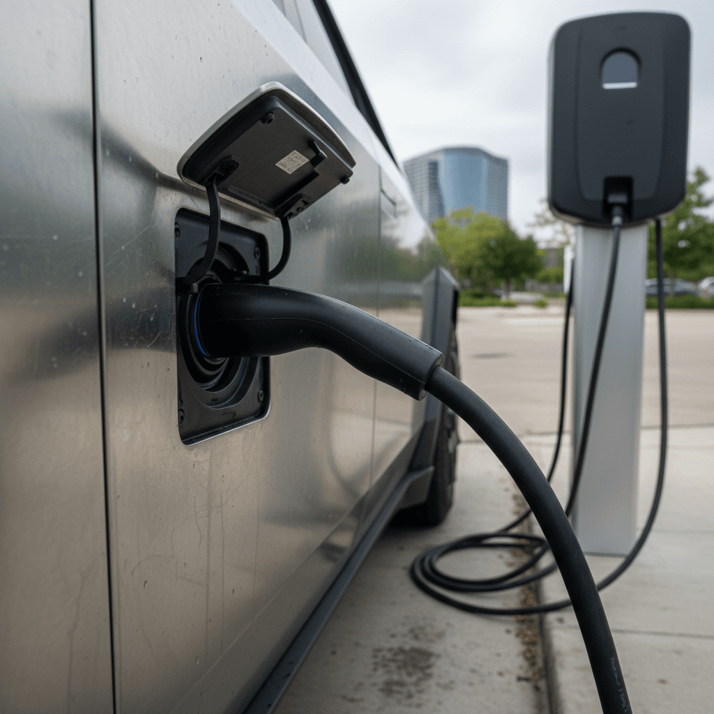 Tesla Cybertruck plugged into a charging station, focusing on the battery and charging port area