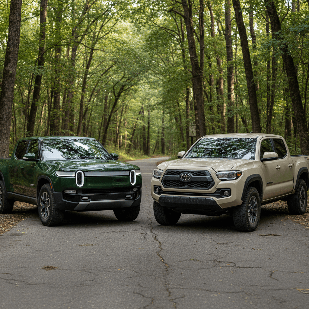 Rivian R1T and Toyota Tacoma parked side by side on a road, highlighting their different approaches to power and efficiency