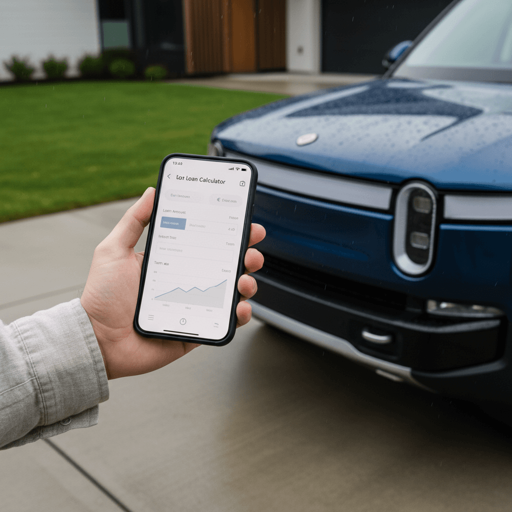 Person holding a phone with an auto loan calculator app open while standing next to a Rivian R1S in a driveway