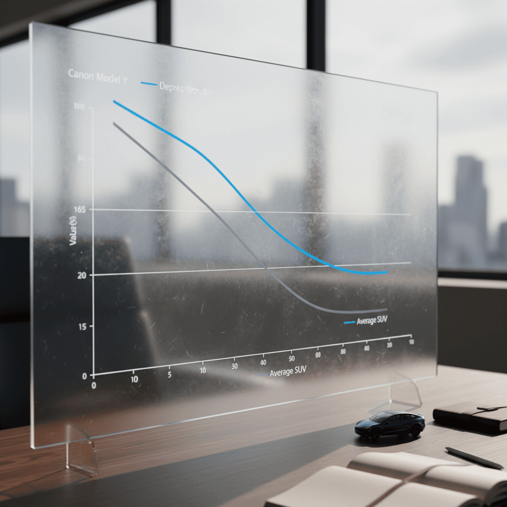 Infographic style Tesla Model Y depreciation curve showing value decline over time compared with average compact SUV