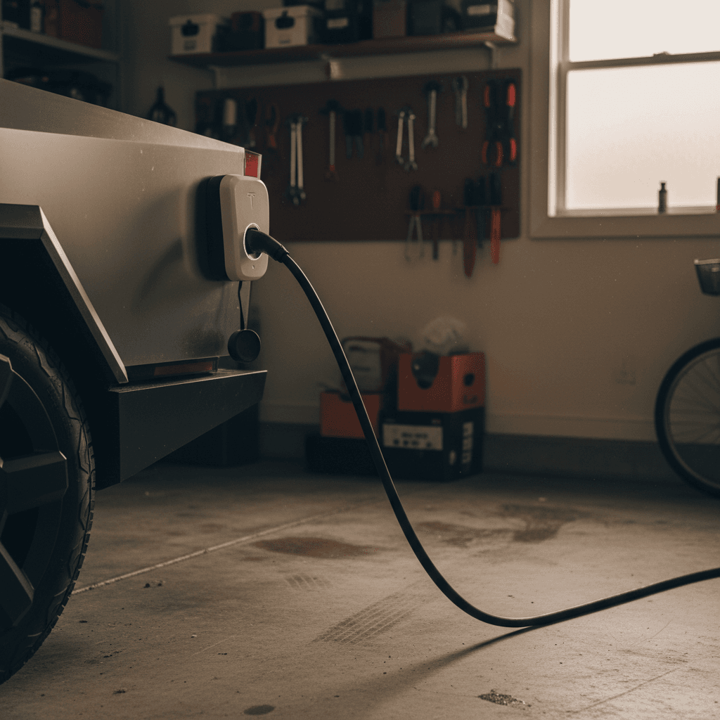 Tesla Cybertruck charge port plugged into a home Wall Connector in a residential garage