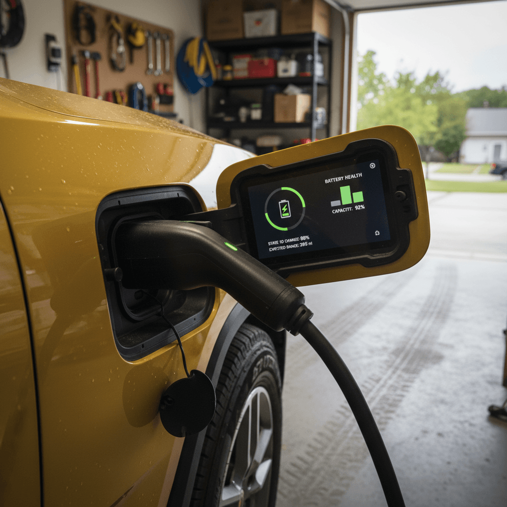Rivian R1T plugged into a home wall charger with battery status displayed on the center screen