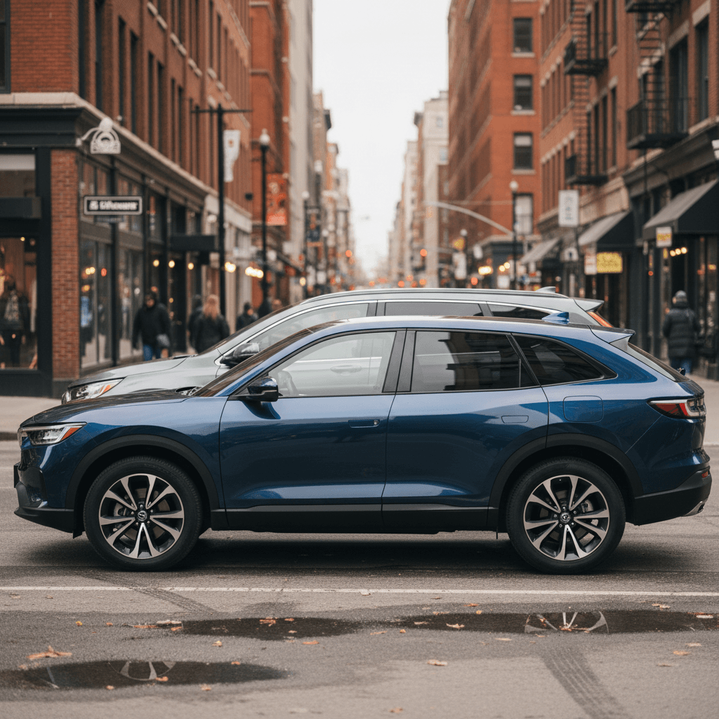 Side view of Honda Prologue and Honda CR-V parked next to each other highlighting their similar SUV profiles and interior space