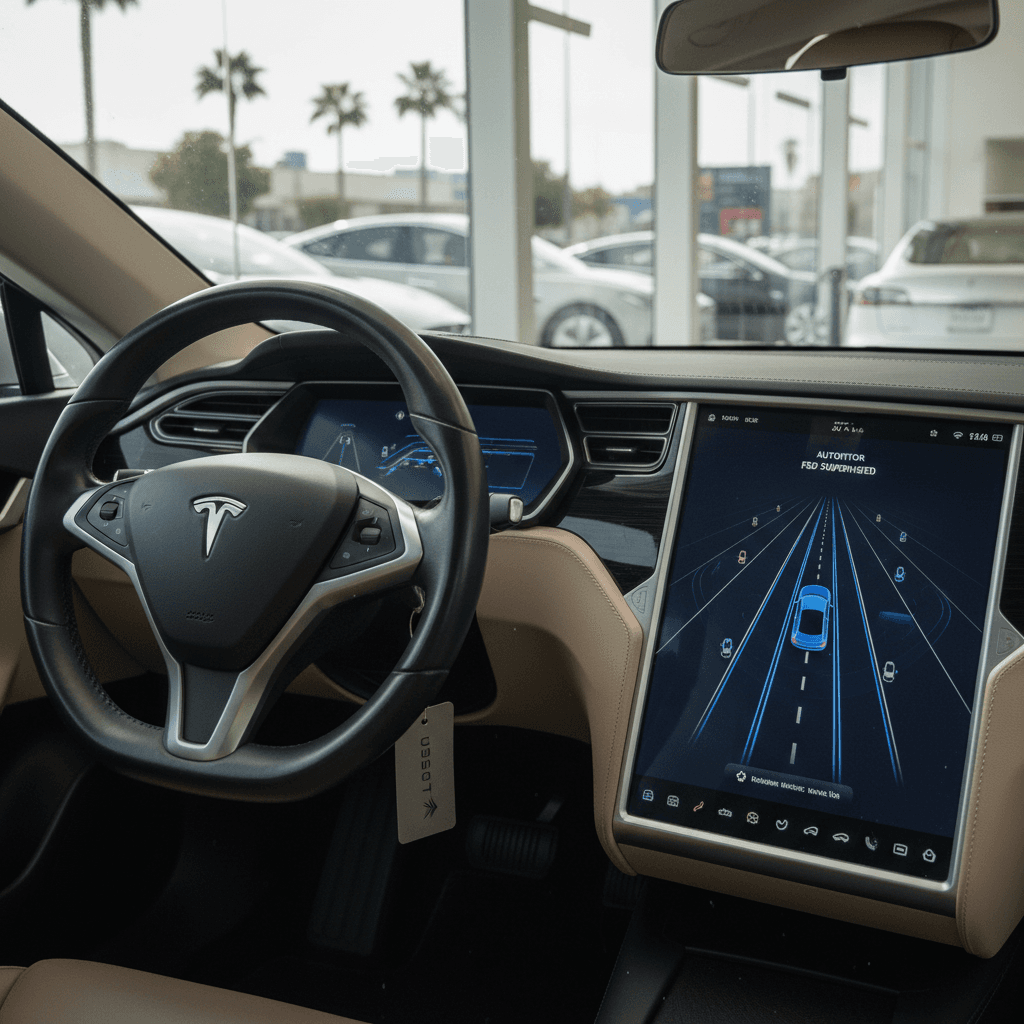 Tesla interior showing steering wheel and center screen highlighting Autopilot and Full Self-Driving (Supervised) status while parked in a showroom