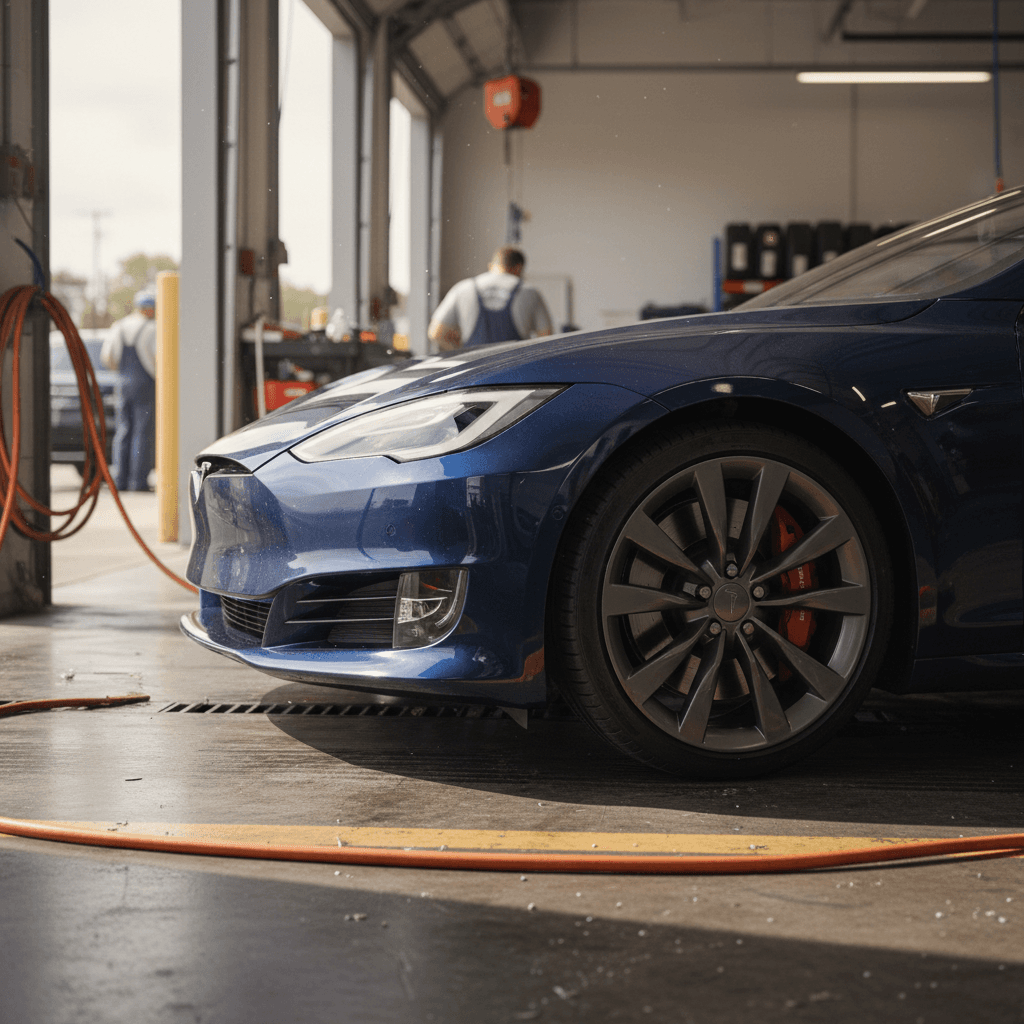 2022 Tesla Model S at a service center bay with technician walking nearby