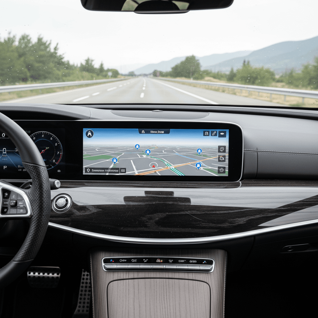 View from the driver seat of a Mercedes EQS showing the Hyperscreen navigation with charging stops on a highway route