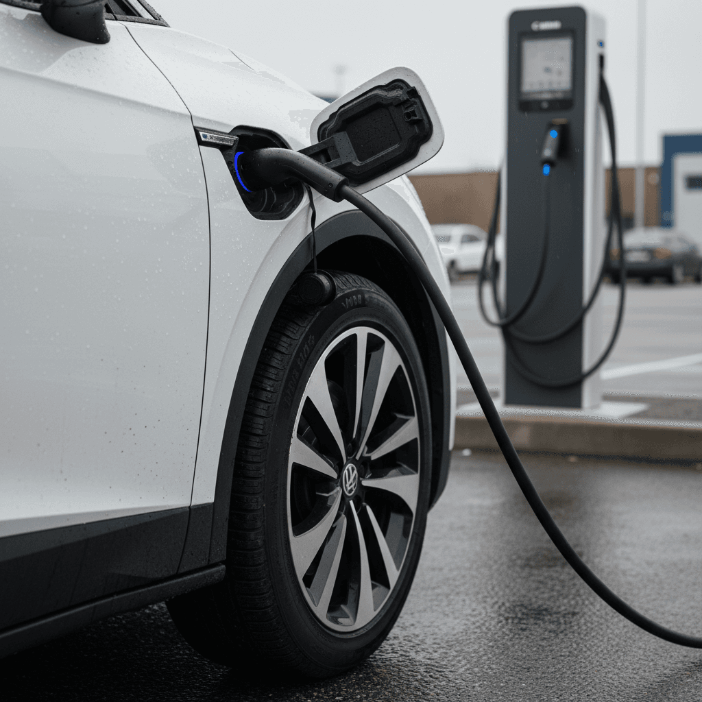 2023 Volkswagen ID.4 at a public DC fast charging station, plugged in at the front fender charge port