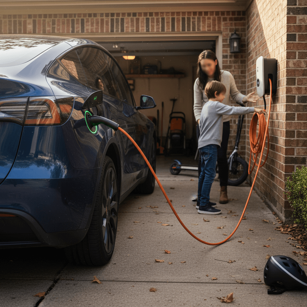 Family charging an electric car in a home driveway using a Level 2 home charger