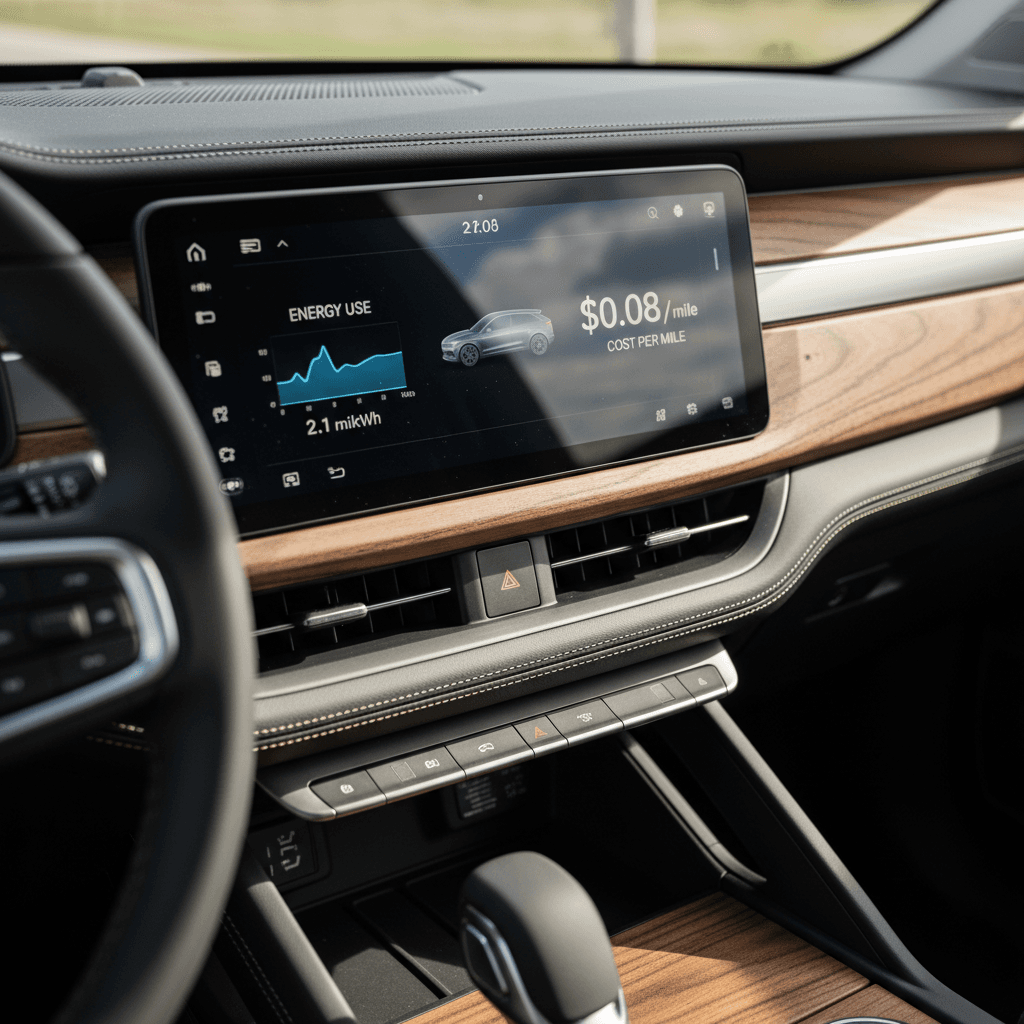 Rivian R1S digital dashboard showing trip energy use and estimated cost per mile