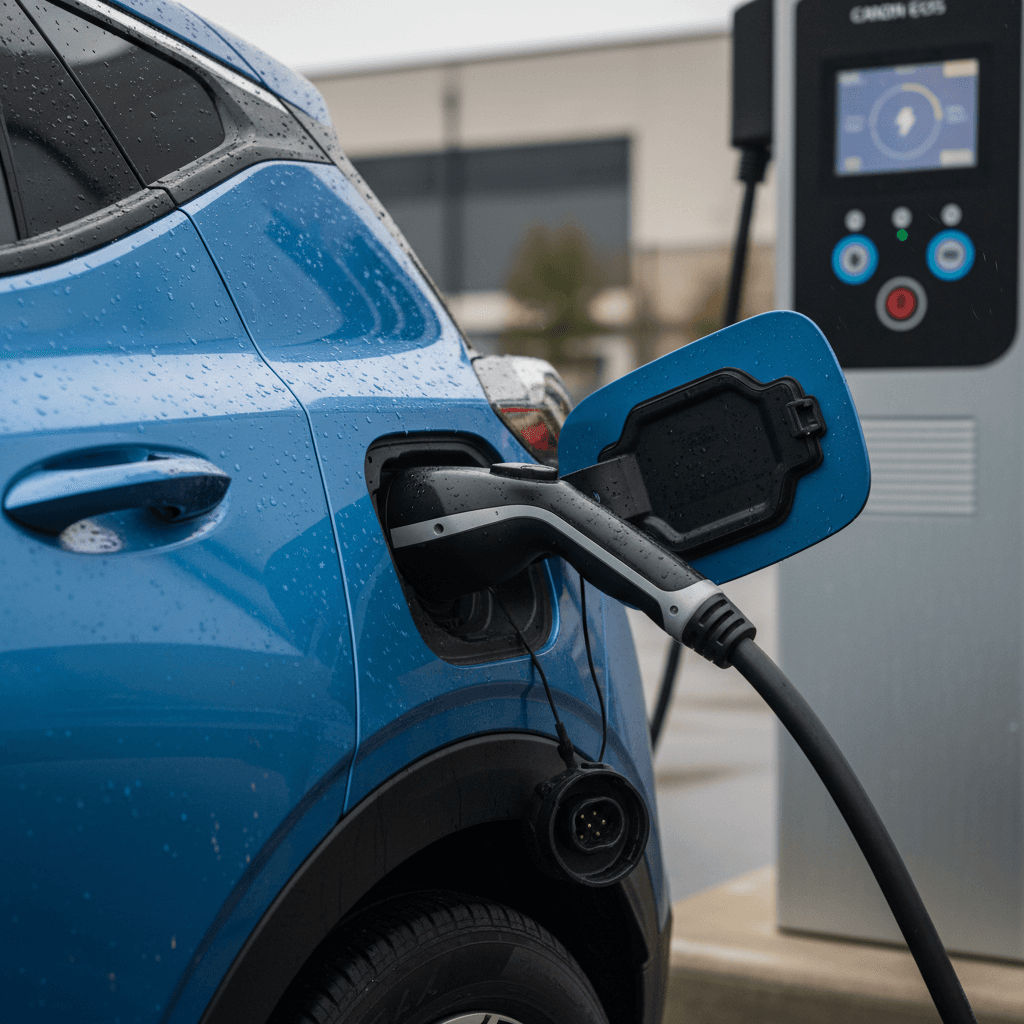 Chevy Bolt EUV connected to a public DC fast charger with session time and kW displayed on the station screen