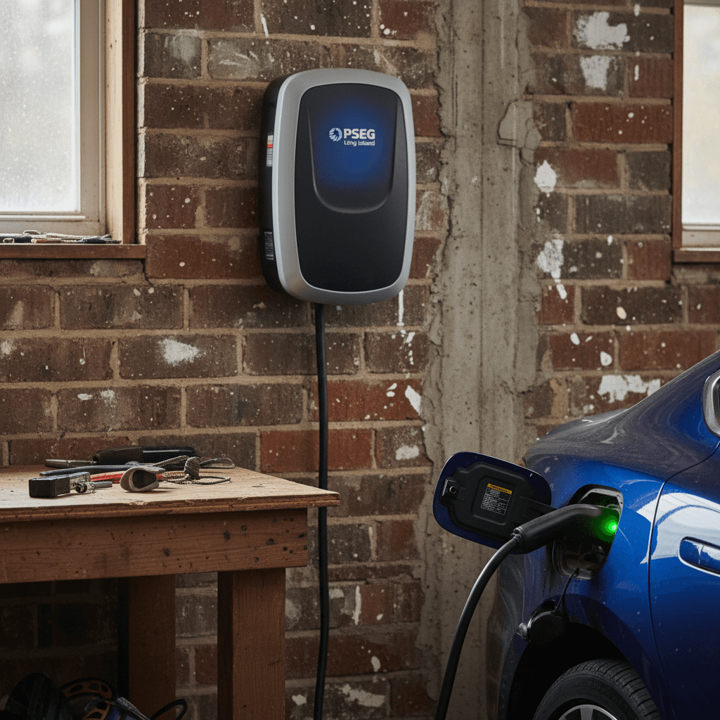 PSEG Long Island residential Level 2 home charger installed on garage wall with an electric car parked and charging in a Long Island driveway