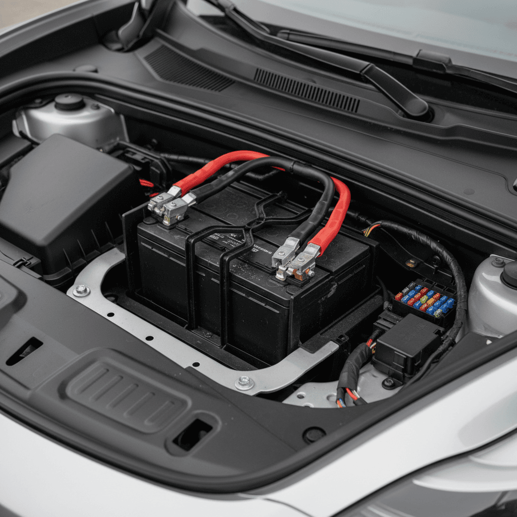 Tesla Model Y low-voltage battery sitting in its tray beneath the front trunk trim pieces