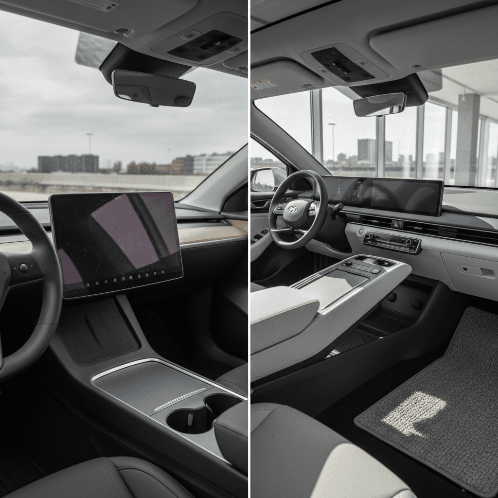 Side by side interiors of a Tesla Model 3 and Hyundai Ioniq 5 showing different dashboard layouts and center consoles