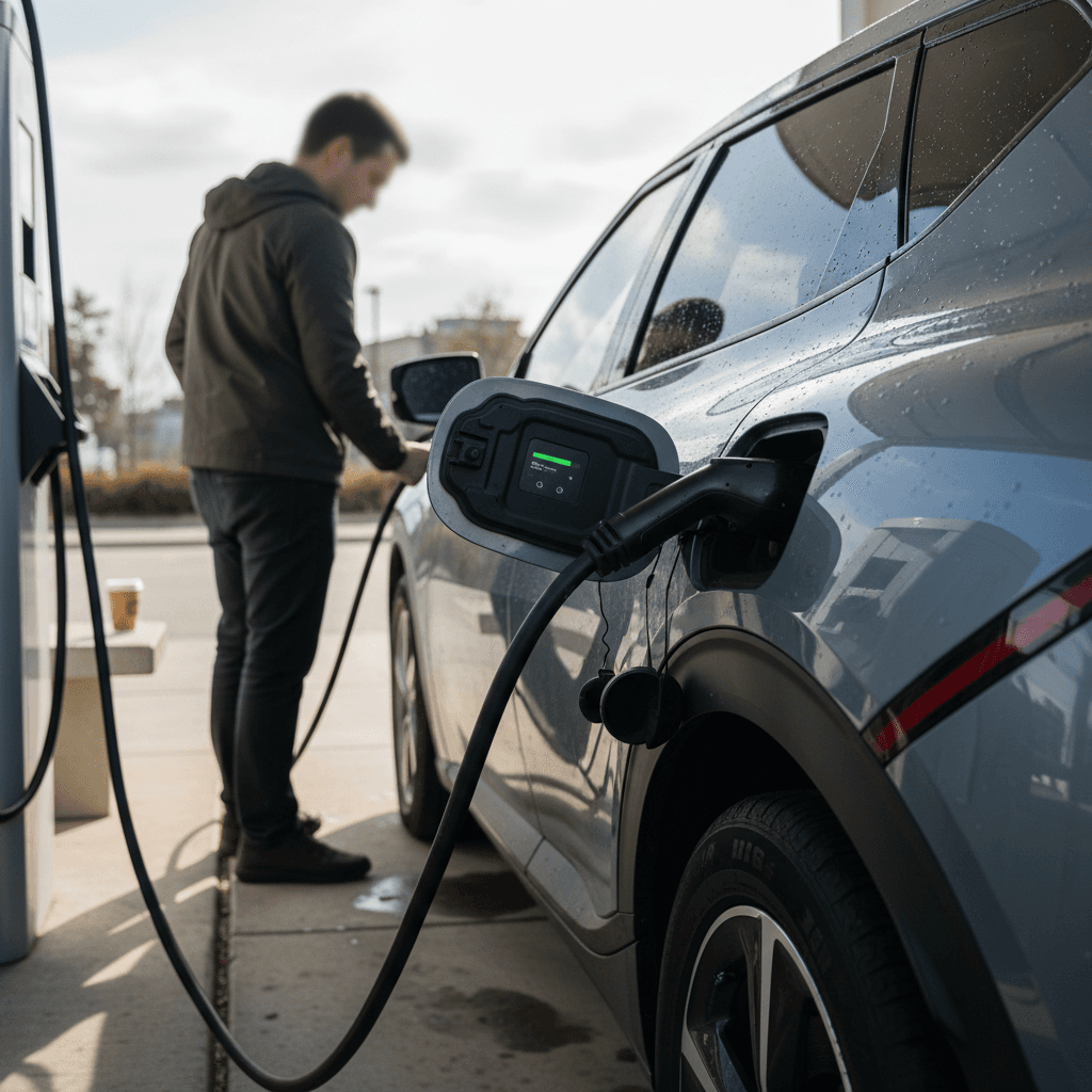 Used 2023 Kia EV6 plugged into a public fast charger in a parking lot